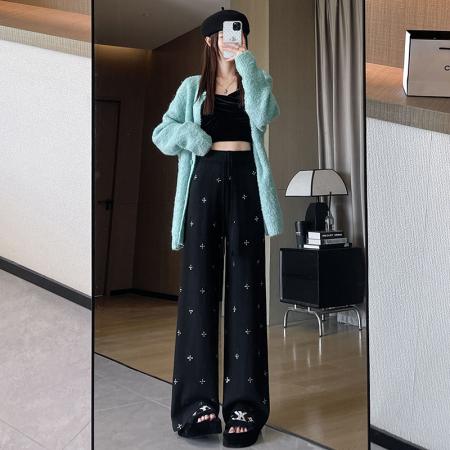 FA52661# 重工烫钻针织裤子女冬季新款高腰加厚保暖宽松垂感直筒阔腿裤  服裝批發女裝批發服飾貨源
