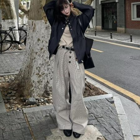 FA52662# 老钱风千鸟格排扣A字西裤男女秋季美式高街裤子慵懒松弛感阔腿裤  服裝批發女裝批發服飾貨源