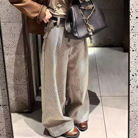 FA52662# 老钱风千鸟格排扣A字西裤男女秋季美式高街裤子慵懒松弛感阔腿裤  服裝批發女裝批發服飾貨源