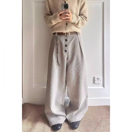 FA52662# 老钱风千鸟格排扣A字西裤男女秋季美式高街裤子慵懒松弛感阔腿裤  服裝批發女裝批發服飾貨源