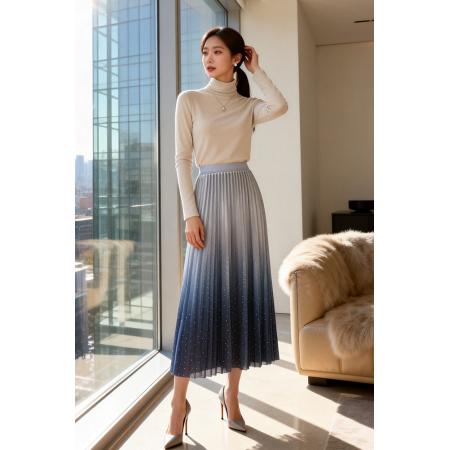 FA52664# 重工烫钻渐变扎染百褶裙女春夏高腰显瘦垂感大摆裙中长款  服裝批發女裝批發服飾貨源