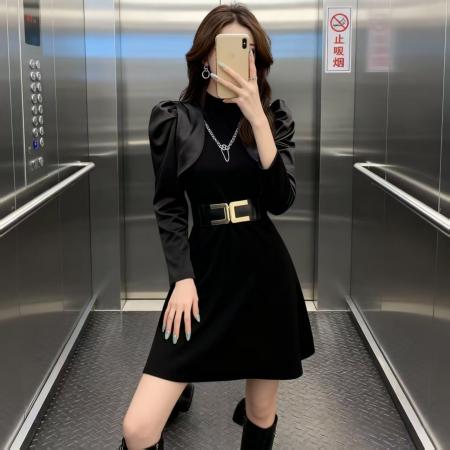 FA52667# 短裙春秋休闲装黑色气质修身连衣裙新款长袖收腰显瘦裙子  服裝批發女裝批發服飾貨源