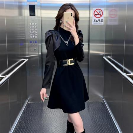 FA52667# 短裙春秋休闲装黑色气质修身连衣裙新款长袖收腰显瘦裙子  服裝批發女裝批發服飾貨源