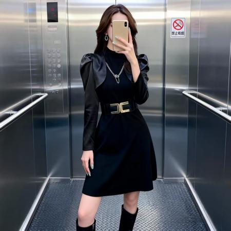 FA52667# 短裙春秋休闲装黑色气质修身连衣裙新款长袖收腰显瘦裙子  服裝批發女裝批發服飾貨源