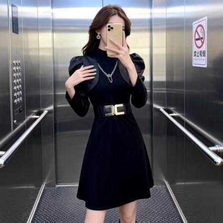 FA52667# 短裙春秋休闲装黑色气质修身连衣裙新款长袖收腰显瘦裙子  服裝批發女裝批發服飾貨源