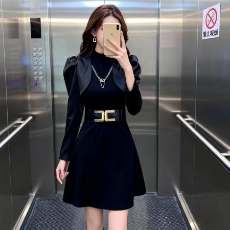 FA52667# 短裙春秋休闲装黑色气质修身连衣裙新款长袖收腰显瘦裙子  服裝批發女裝批發服飾貨源
