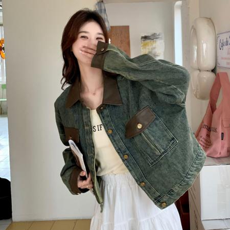 FA52668# 独特牛仔拼皮短外套女春秋新款通勤百搭可盐可甜短款上衣  服裝批發女裝批發服飾貨源