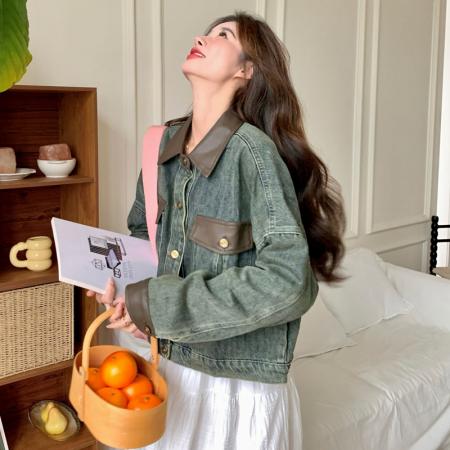 FA52668# 独特牛仔拼皮短外套女春秋新款通勤百搭可盐可甜短款上衣  服裝批發女裝批發服飾貨源