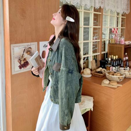 FA52668# 独特牛仔拼皮短外套女春秋新款通勤百搭可盐可甜短款上衣  服裝批發女裝批發服飾貨源