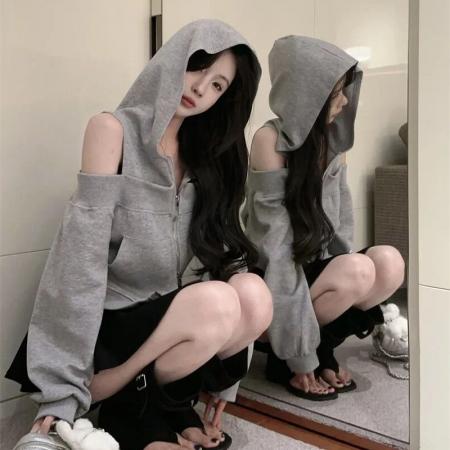 FA52669# 连帽拉链卫衣外套女秋季美式辣妹露肩上衣  服裝批發女裝批發服飾貨源