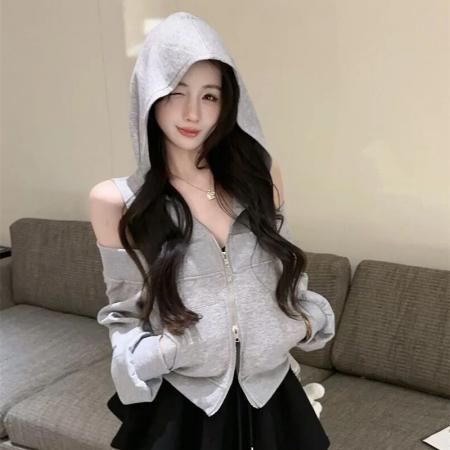 FA52669# 连帽拉链卫衣外套女秋季美式辣妹露肩上衣  服裝批發女裝批發服飾貨源