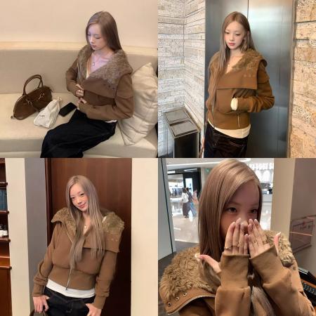 FA52670# 复古焦糖色毛领外套女冬季新款美式设计感修身保暖短款上衣  服裝批發女裝批發服飾貨源