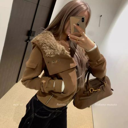 FA52670# 复古焦糖色毛领外套女冬季新款美式设计感修身保暖短款上衣  服裝批發女裝批發服飾貨源