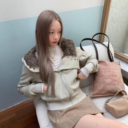 FA52670# 复古焦糖色毛领外套女冬季新款美式设计感修身保暖短款上衣  服裝批發女裝批發服飾貨源