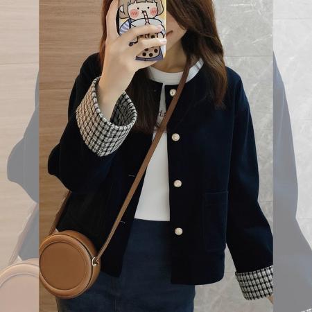 FA52671# 春秋季新款高级气质复古格子拼接夹克灯芯绒藏蓝色外套秋冬  服裝批發女裝批發服飾貨源