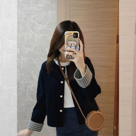 FA52671# 春秋季新款高级气质复古格子拼接夹克灯芯绒藏蓝色外套秋冬  服裝批發女裝批發服飾貨源