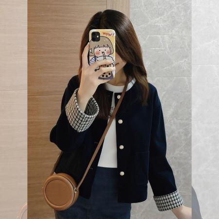 FA52671# 春秋季新款高级气质复古格子拼接夹克灯芯绒藏蓝色外套秋冬  服裝批發女裝批發服飾貨源