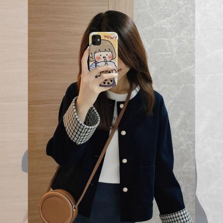 FA52671# 春秋季新款高级气质复古格子拼接夹克灯芯绒藏蓝色外套秋冬  服裝批發女裝批發服飾貨源