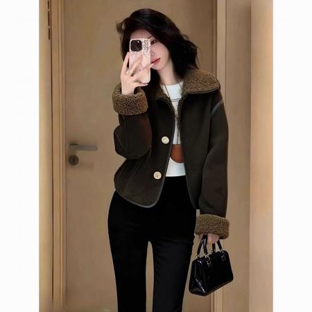 FA52672# 新款上新女装咖色翻领皮毛一体加绒加厚短款羊羔毛外套女冬季  服裝批發女裝批發服飾貨源