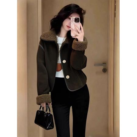 FA52672# 新款上新女装咖色翻领皮毛一体加绒加厚短款羊羔毛外套女冬季  服裝批發女裝批發服飾貨源