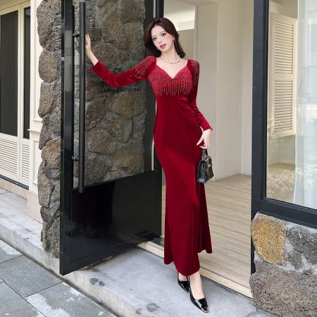 FA52673# 视频秋季时尚气质金丝绒长裙开叉连衣裙  服裝批發女裝批發服飾貨源