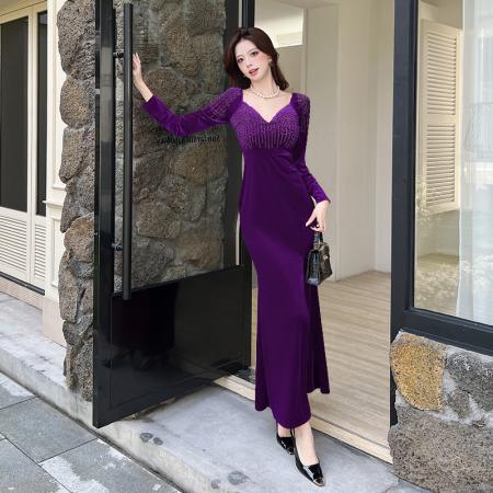 FA52673# 视频秋季时尚气质金丝绒长裙开叉连衣裙  服裝批發女裝批發服飾貨源