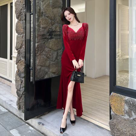 FA52673# 视频秋季时尚气质金丝绒长裙开叉连衣裙  服裝批發女裝批發服飾貨源