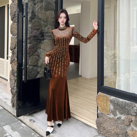 FA52675# 视频秋冬金丝绒烫钻长裙包臀连衣裙  服裝批發女裝批發服飾貨源