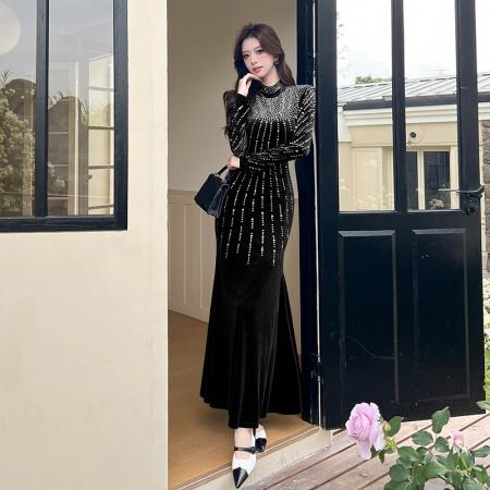 FA52675# 视频秋冬金丝绒烫钻长裙包臀连衣裙  服裝批發女裝批發服飾貨源