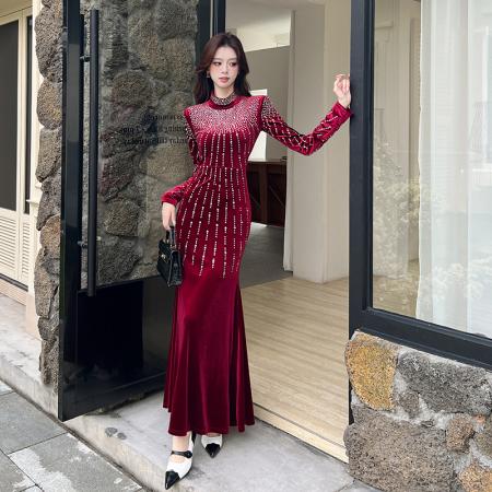 FA52675# 视频秋冬金丝绒烫钻长裙包臀连衣裙  服裝批發女裝批發服飾貨源