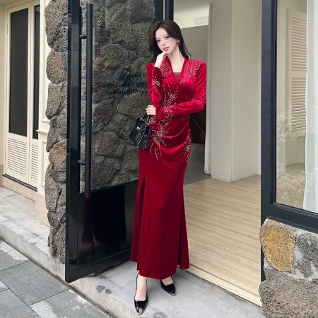 FA52676# 视频秋季时尚v领烫钻长裙包臀连衣裙  服裝批發女裝批發服飾貨源