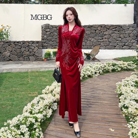 FA52676# 视频秋季时尚v领烫钻长裙包臀连衣裙  服裝批發女裝批發服飾貨源