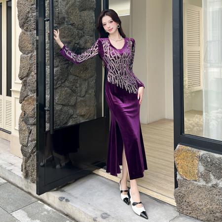 FA52677# 视频秋季时尚气质金丝绒不对称长裙包臀连衣裙  服裝批發女裝批發服飾貨源