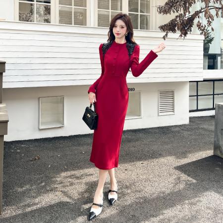 FA52678# 视频秋季时尚气质单排扣长裙包臀连衣裙  服裝批發女裝批發服飾貨源