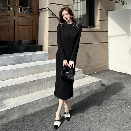 FA52678# 视频秋季时尚气质单排扣长裙包臀连衣裙  服裝批發女裝批發服飾貨源