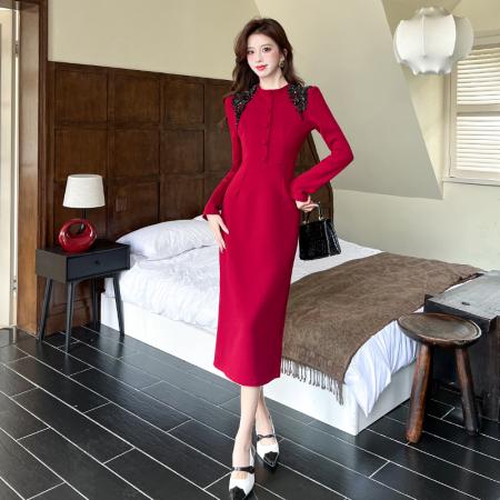 FA52678# 视频秋季时尚气质单排扣长裙包臀连衣裙  服裝批發女裝批發服飾貨源