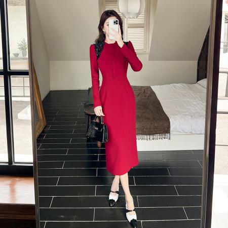 FA52678# 视频秋季时尚气质单排扣长裙包臀连衣裙  服裝批發女裝批發服飾貨源