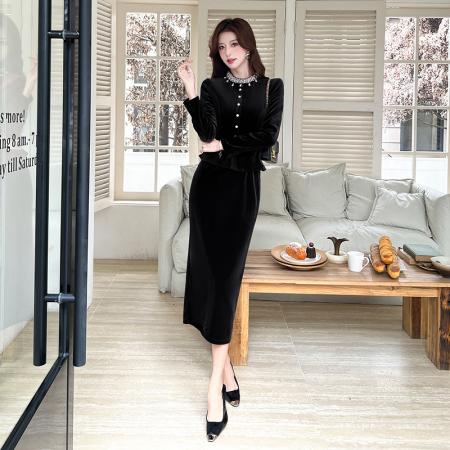 FA52679# 视频秋季时尚金丝绒长裙包臀连衣裙  服裝批發女裝批發服飾貨源