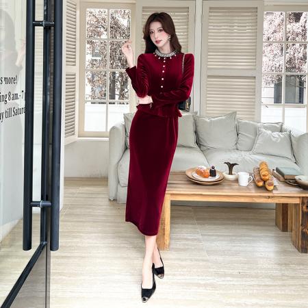 FA52679# 视频秋季时尚金丝绒长裙包臀连衣裙  服裝批發女裝批發服飾貨源