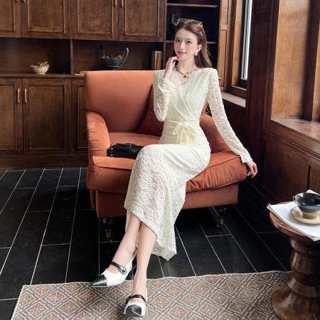 FA52680# 视频网红新款秋季时尚蕾丝长裙V领连衣裙  服裝批發女裝批發服飾貨源