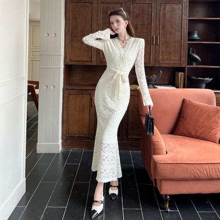 FA52680# 视频网红新款秋季时尚蕾丝长裙V领连衣裙  服裝批發女裝批發服飾貨源