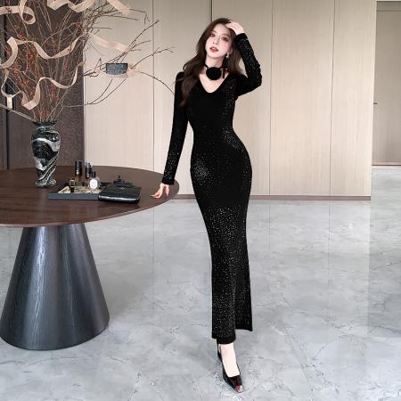 FA52681# 视频春季新款时髦洋气v领亮丝紧身长裙包臀连衣裙  服裝批發女裝批發服飾貨源