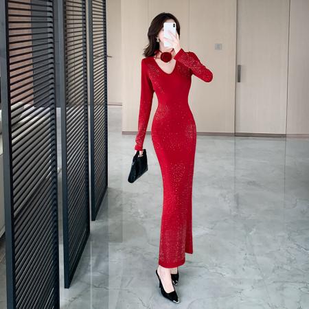 FA52681# 视频春季新款时髦洋气v领亮丝紧身长裙包臀连衣裙  服裝批發女裝批發服飾貨源