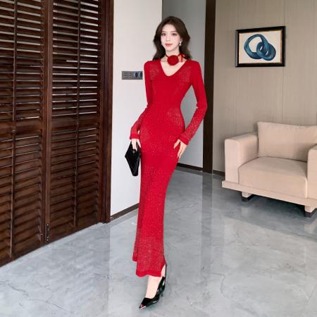 FA52681# 视频春季新款时髦洋气v领亮丝紧身长裙包臀连衣裙  服裝批發女裝批發服飾貨源