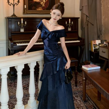 FA52682# 法式一字肩轻奢连衣裙..礼服高端鱼尾裙  服裝批發女裝批發服飾貨源