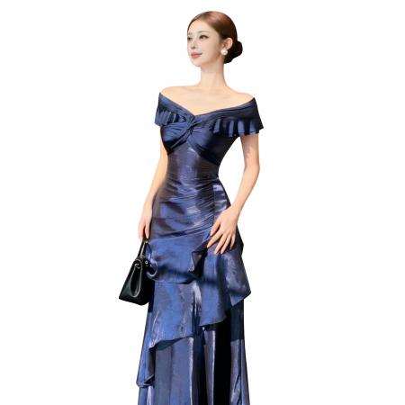 FA52682# 法式一字肩轻奢连衣裙..礼服高端鱼尾裙  服裝批發女裝批發服飾貨源