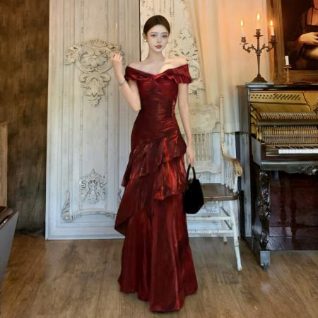 FA52683# 法式一字肩轻奢连衣裙礼服高端鱼尾裙  服裝批發女裝批發服飾貨源