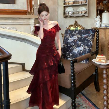 FA52683# 法式一字肩轻奢连衣裙礼服高端鱼尾裙  服裝批發女裝批發服飾貨源