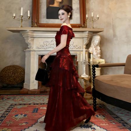 FA52683# 法式一字肩轻奢连衣裙礼服高端鱼尾裙  服裝批發女裝批發服飾貨源