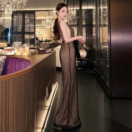 FA52685# 欧美风性感连衣裙亮片大蝴蝶结深V领轻礼服轻奢长裙  服裝批發女裝批發服飾貨源